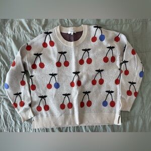 Madewell Red and Blue Cherry Jacquard Pullover Thick Sweater. Small